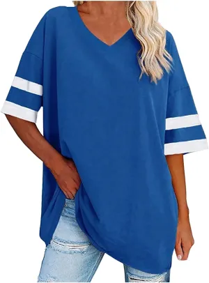 Women's Oversized T Shirts Short Sleeve Crewneck Summer Tops Casual Loose Tee Shirts with Stripe is on The Arms