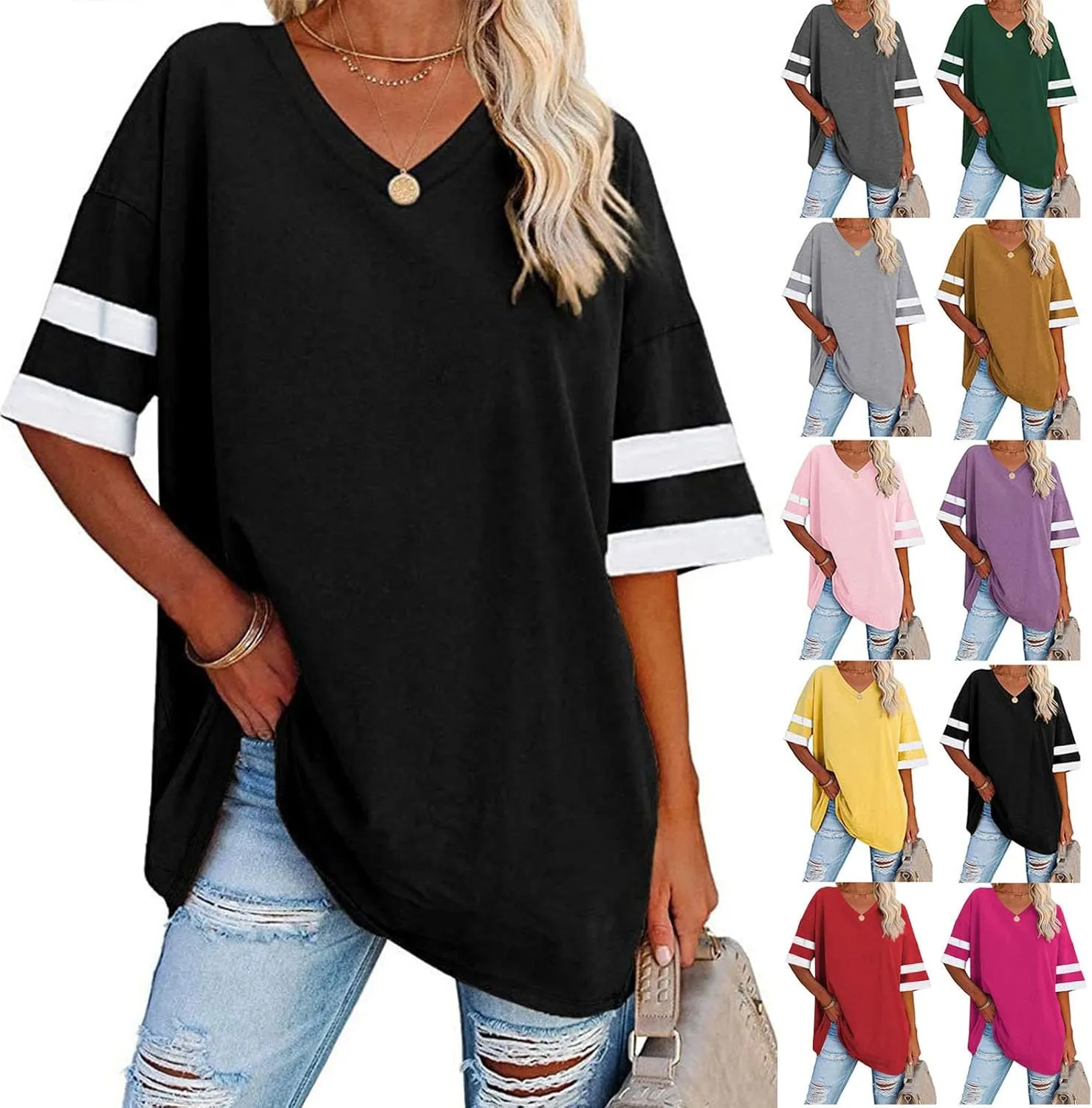 Women's Oversized T Shirts Short Sleeve Crewneck Summer Tops Casual Loose Tee Shirts with Stripe is on The Arms