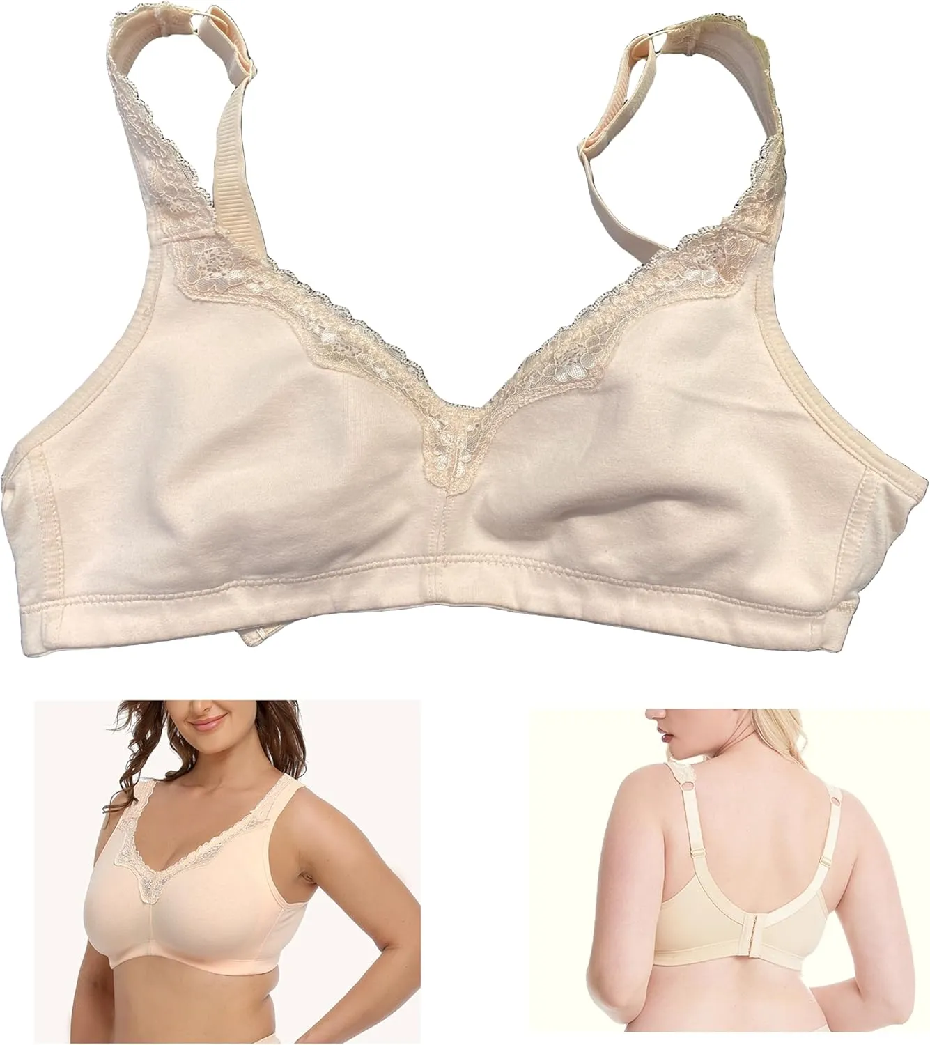 Women's Plus Size Soft Cotton Lace Mastectomy Bra Full Coverage Wirefree Non-Padded Pocket Bra