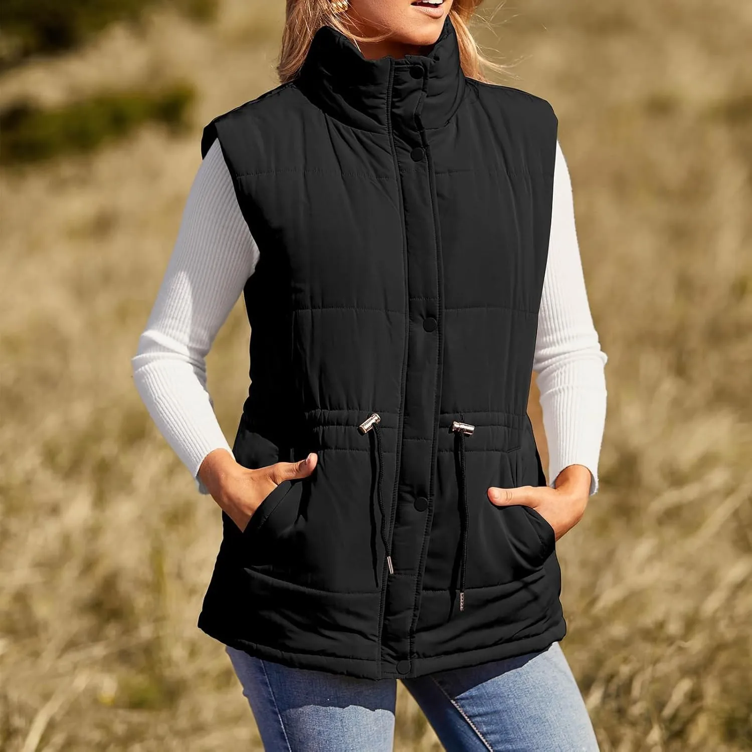 Women's Quilted Puffer Vest Casual Sleeveless Stand Collar Button Fall Trendy Warm Outerwear Down Jackets Winter Coat