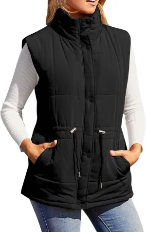 Women's Quilted Puffer Vest Casual Sleeveless Stand Collar Button Fall Trendy Warm Outerwear Down Jackets Winter Coat