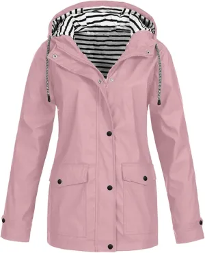 Womens Rain Jacket with Hood Waterproof Lightweight Packable Outdoor Jacket Zip Up Long Sleeve Rain Coats with Pocket