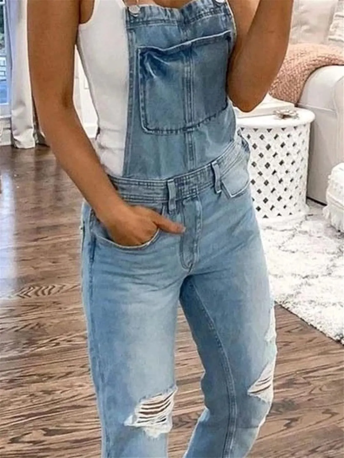 Women's Ripped Denim Bib Overalls Adjustable Straps Pockets Jean Rompers Casual Distressed Jeans Fit Jumpsuits