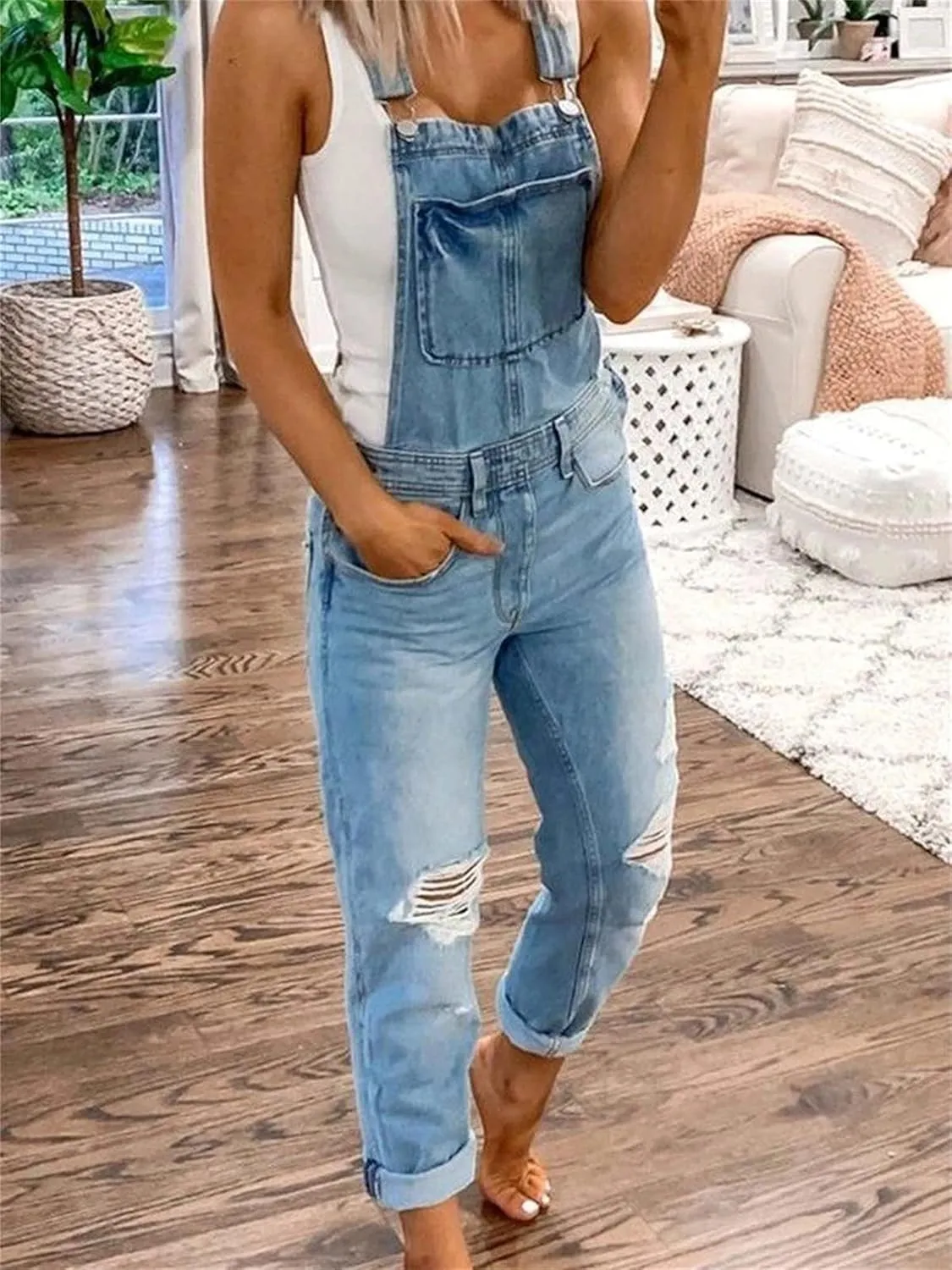 Women's Ripped Denim Bib Overalls Adjustable Straps Pockets Jean Rompers Casual Distressed Jeans Fit Jumpsuits