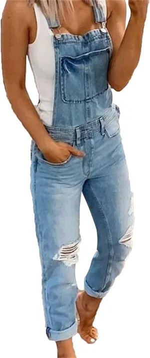 Women's Ripped Denim Bib Overalls Adjustable Straps Pockets Jean Rompers Casual Distressed Jeans Fit Jumpsuits