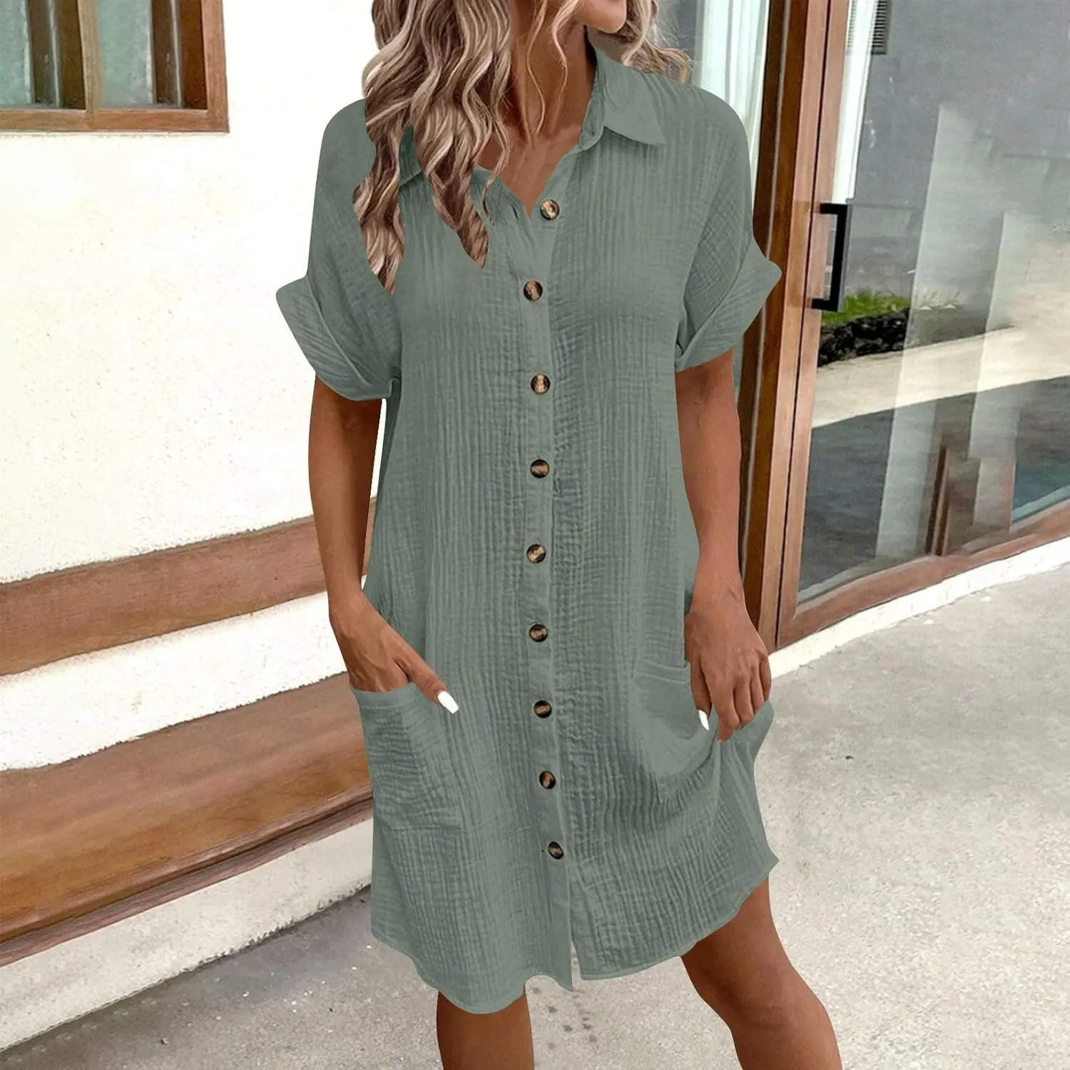 Womens Shirts Dresses Fashion Solid Color Cotton Short Sleeves Button up Lapel Midi Dress Summer Beach Sundress