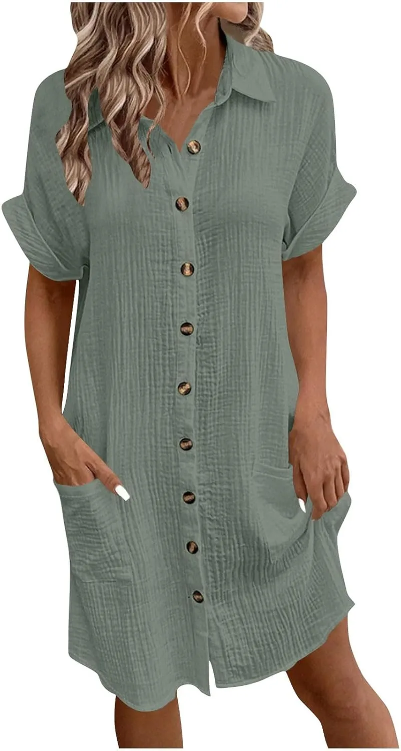 Womens Shirts Dresses Fashion Solid Color Cotton Short Sleeves Button up Lapel Midi Dress Summer Beach Sundress