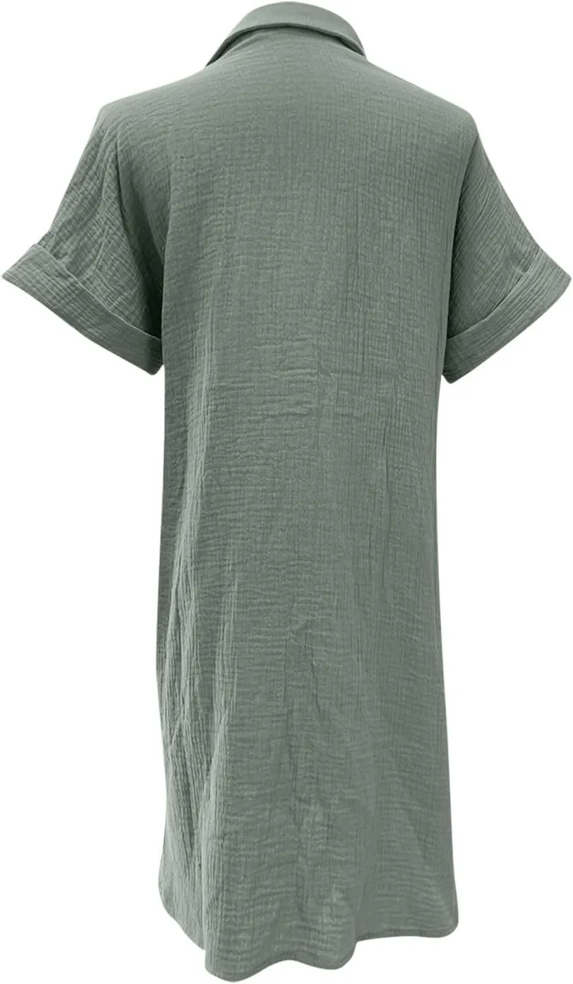 Womens Shirts Dresses Fashion Solid Color Cotton Short Sleeves Button up Lapel Midi Dress Summer Beach Sundress