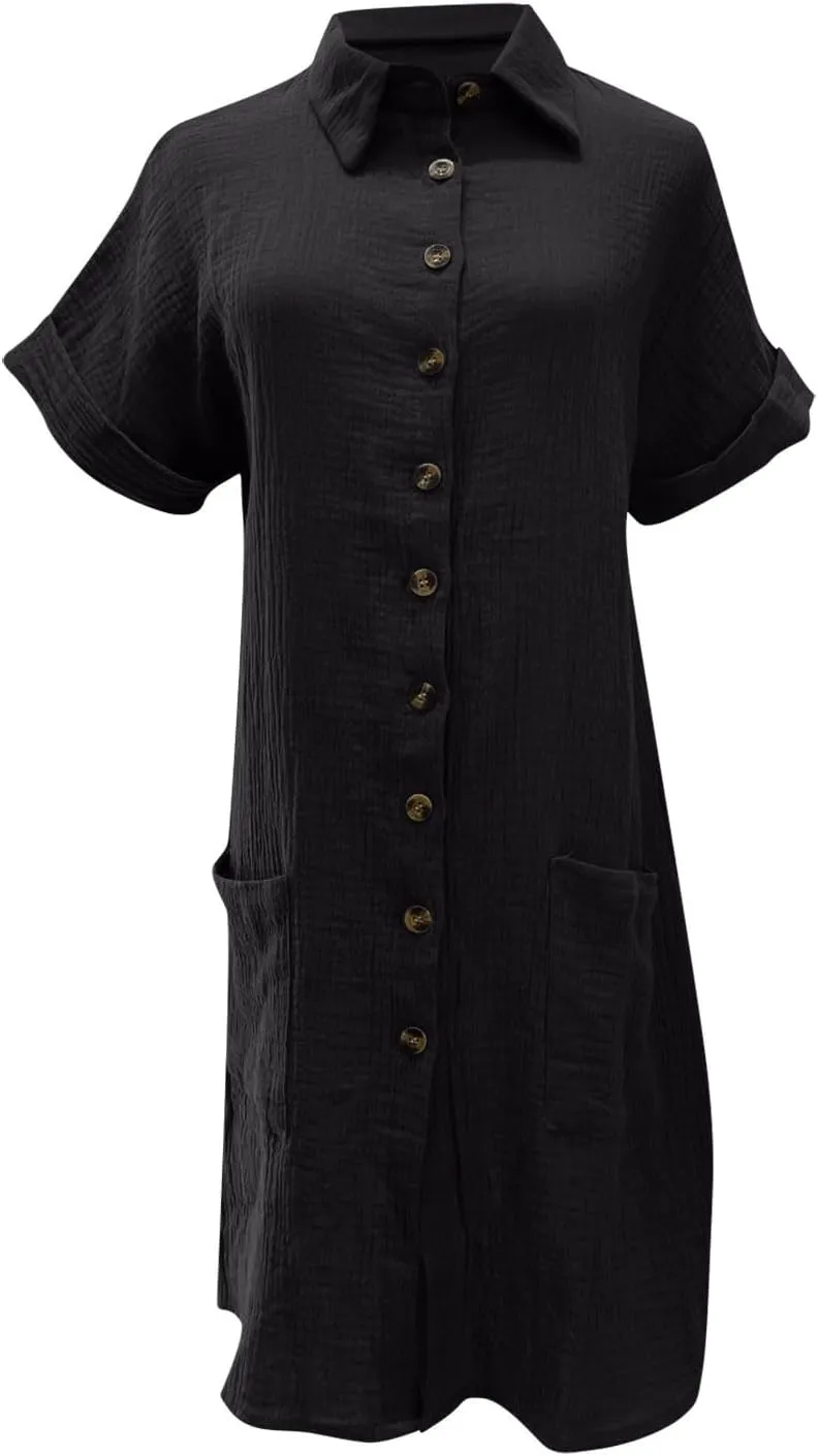Womens Shirts Dresses Fashion Solid Color Cotton Short Sleeves Button up Lapel Midi Dress Summer Beach Sundress