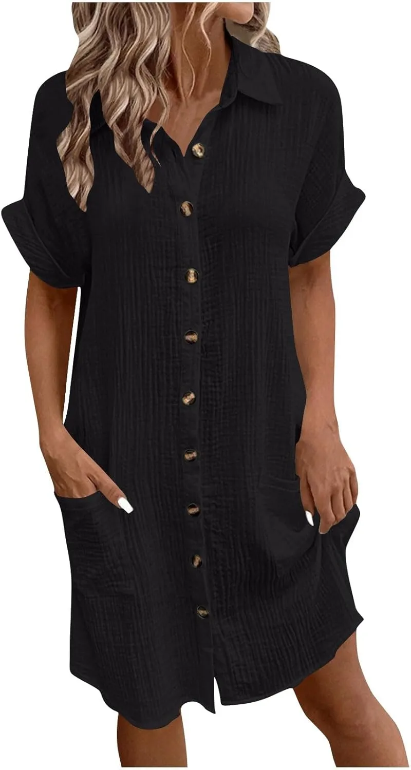 Womens Shirts Dresses Fashion Solid Color Cotton Short Sleeves Button up Lapel Midi Dress Summer Beach Sundress