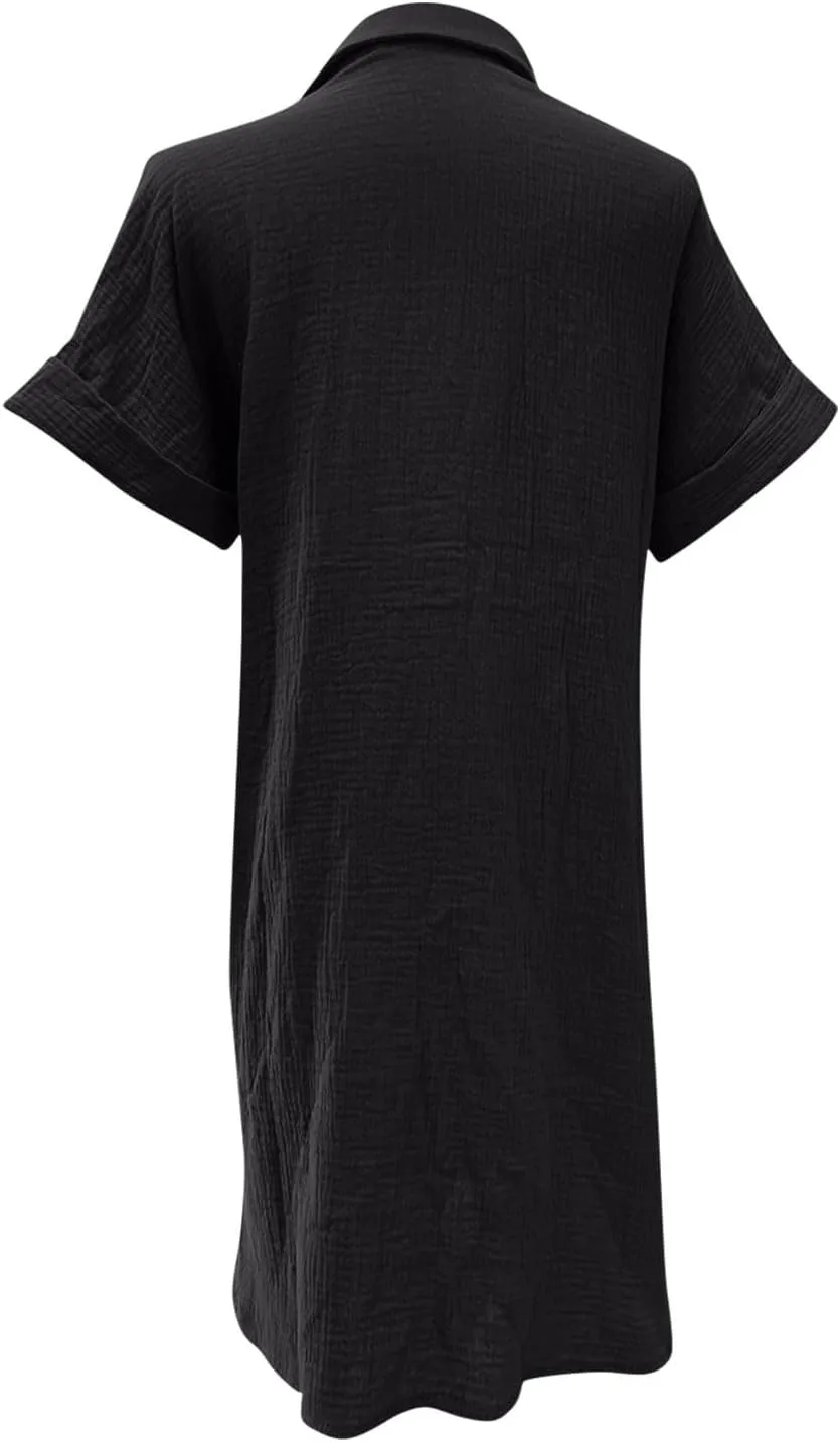 Womens Shirts Dresses Fashion Solid Color Cotton Short Sleeves Button up Lapel Midi Dress Summer Beach Sundress