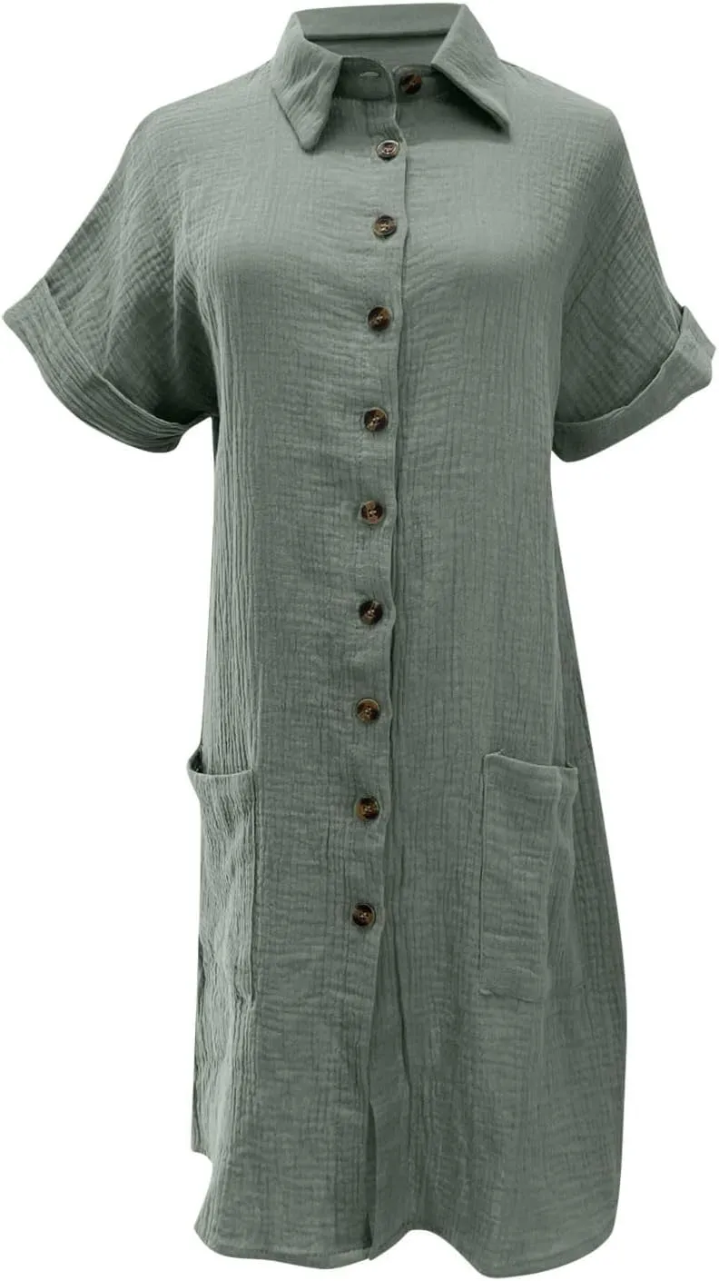 Womens Shirts Dresses Fashion Solid Color Cotton Short Sleeves Button up Lapel Midi Dress Summer Beach Sundress