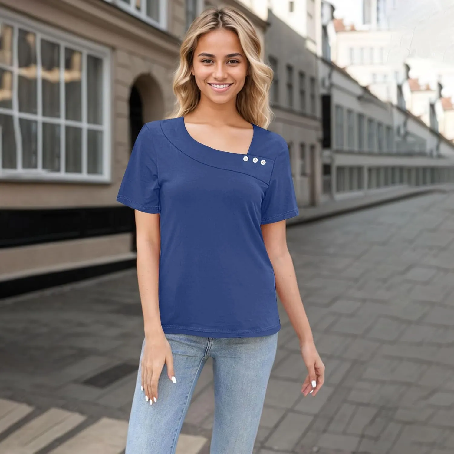 Womens Short Sleeve Tops Casual Asymmetrical Neck Cute Summer Shirts Button Loose Fit Business Dressy Blouses