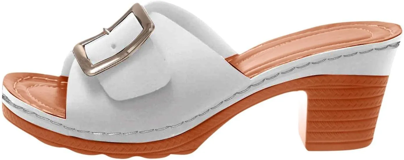 Womens Slide Sandals Peep Toe Chunky Heels Mules Comfortable Block Low Heel Slip On Shoes Metal Chain Casual Dressy Slippers