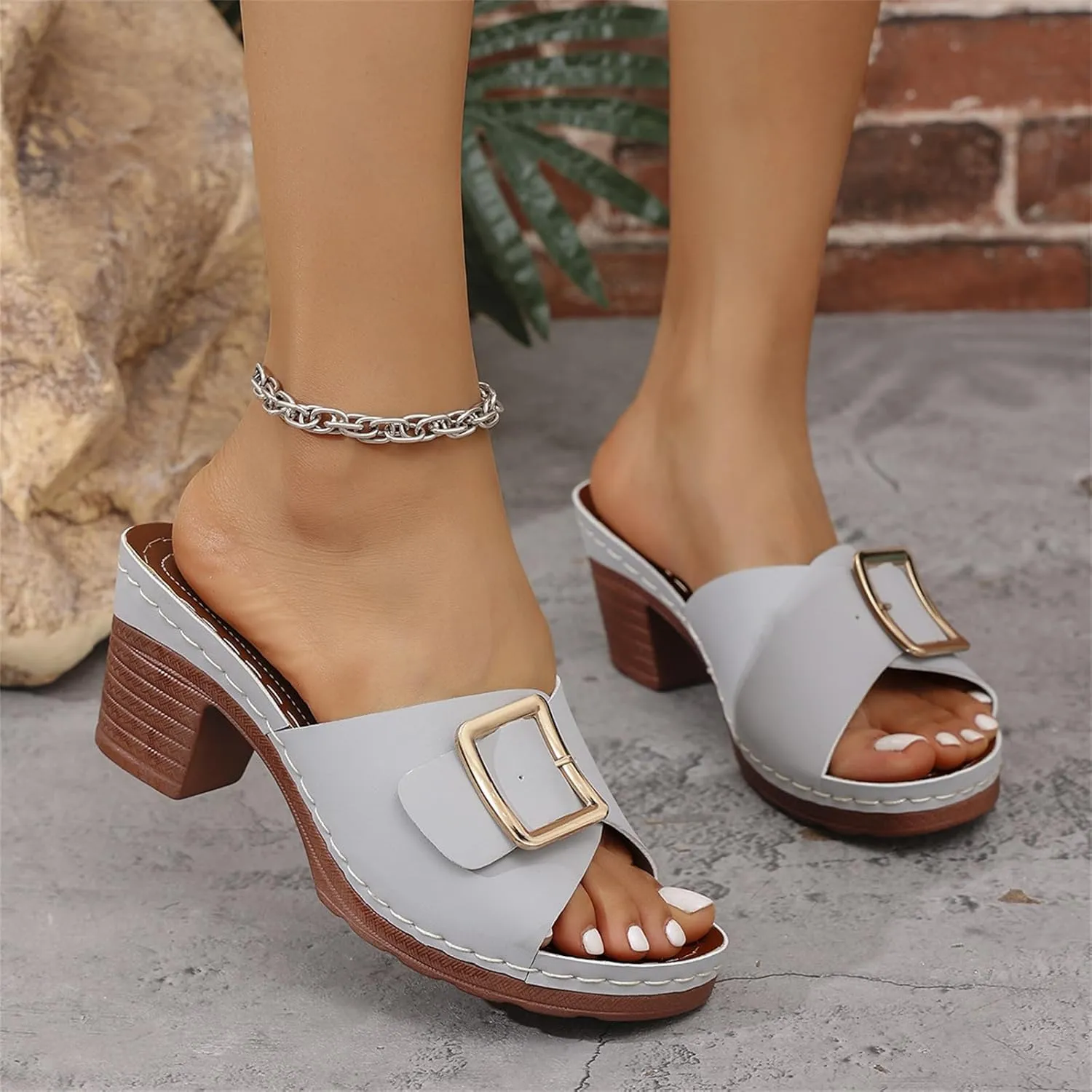 Womens Slide Sandals Peep Toe Chunky Heels Mules Comfortable Block Low Heel Slip On Shoes Metal Chain Casual Dressy Slippers