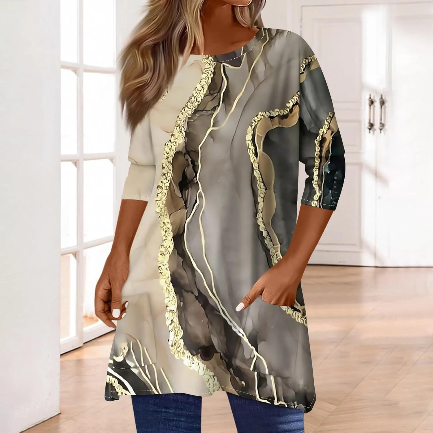 Womens Summer 3/4 Length Sleeve Tunic Tops Trendy Plus Size Flowy Long Sleeve Shirts Casual Elegant Floral Blouses
