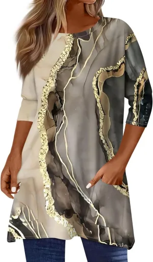Womens Summer 3/4 Length Sleeve Tunic Tops Trendy Plus Size Flowy Long Sleeve Shirts Casual Elegant Floral Blouses