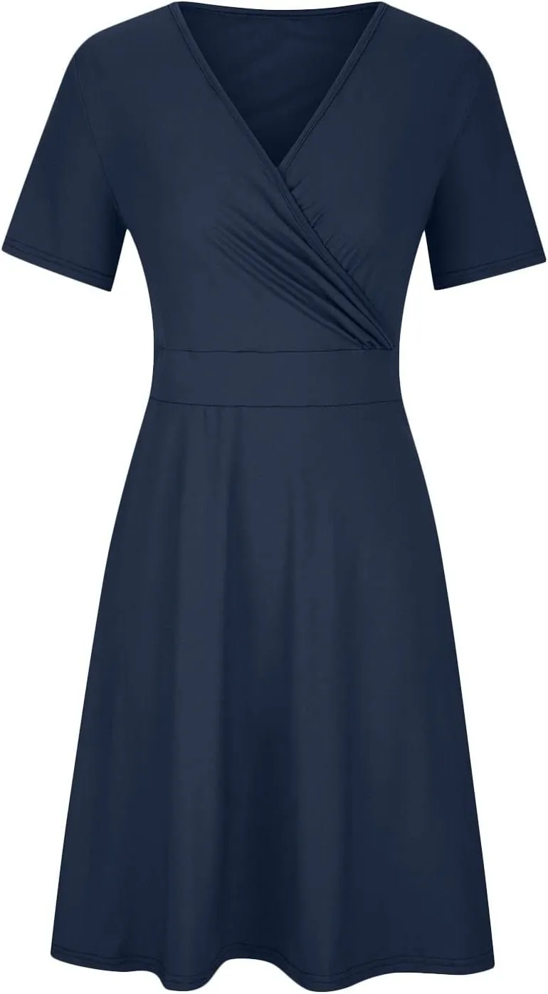 Women's Summer Casual Dresses Plus Size V Neck Short Sleeve A Line Mini Dress Beach Vacation Sundress