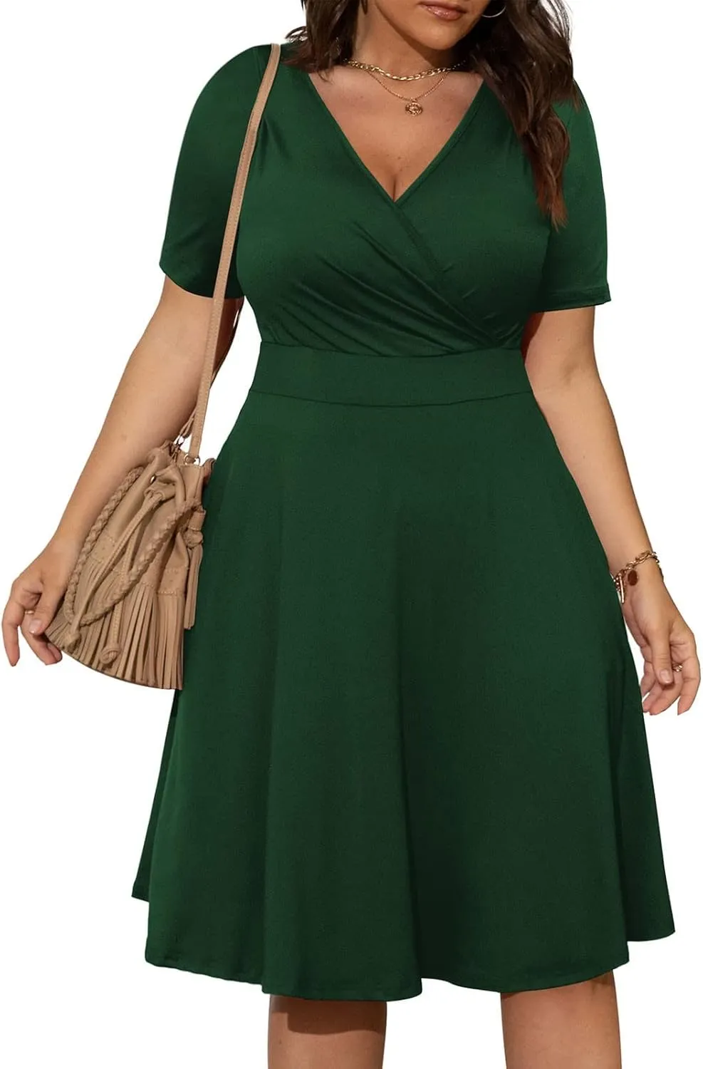 Women's Summer Casual Dresses Plus Size V Neck Short Sleeve A Line Mini Dress Beach Vacation Sundress
