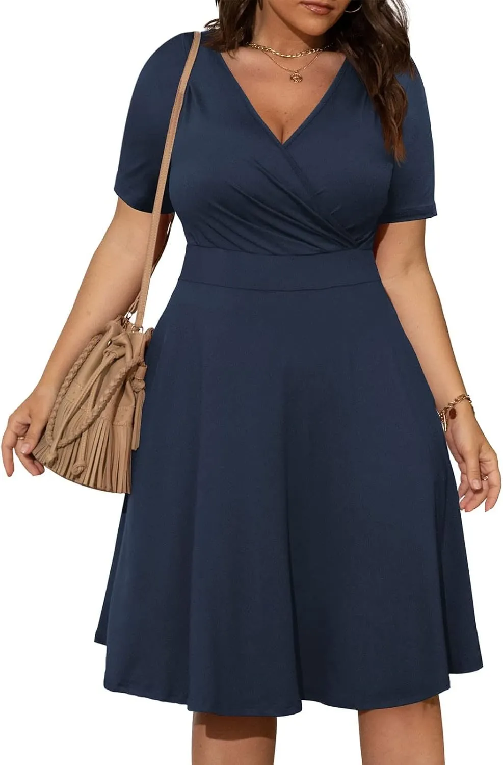 Women's Summer Casual Dresses Plus Size V Neck Short Sleeve A Line Mini Dress Beach Vacation Sundress
