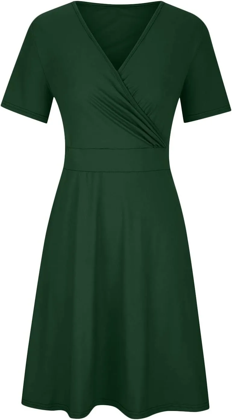 Women's Summer Casual Dresses Plus Size V Neck Short Sleeve A Line Mini Dress Beach Vacation Sundress