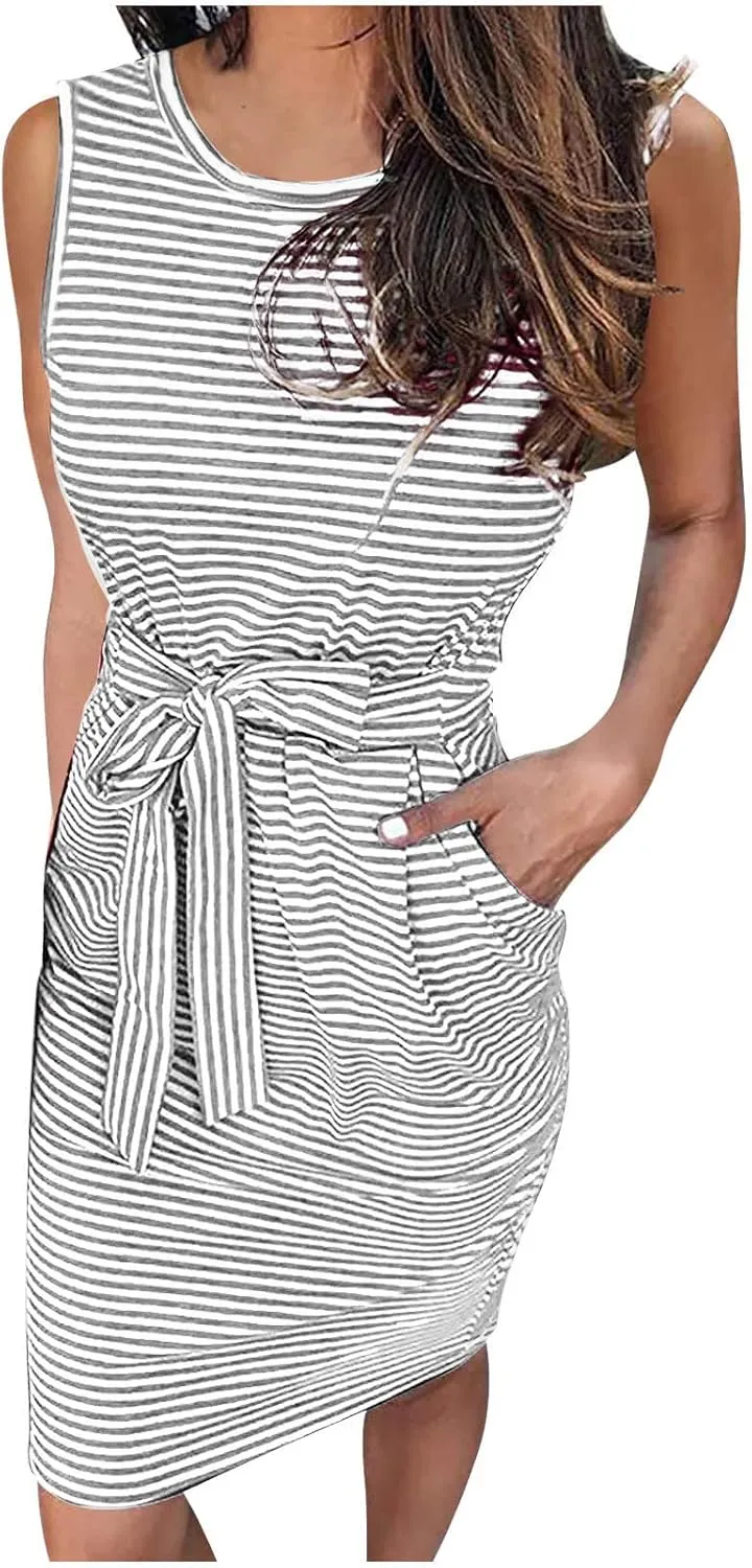 Women's Summer Dresses 2023 Casual Striped Sundresses Short Sleeve T-Shirt Dress Tie Waist Dress with Pockets Skirts