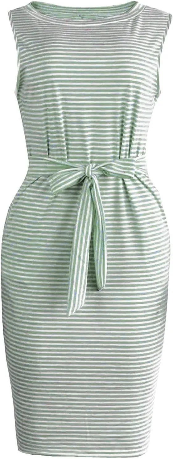 Women's Summer Dresses 2023 Casual Striped Sundresses Short Sleeve T-Shirt Dress Tie Waist Dress with Pockets Skirts