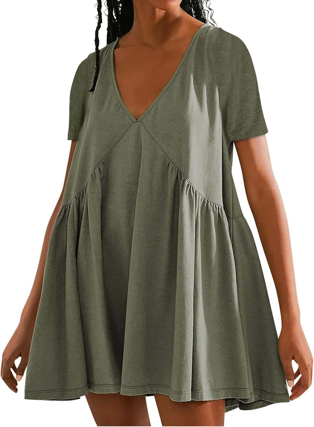 Womens Summer Dresses V-Neck Short Sleeve Oversized Mini Dress Casual Waist Elegant Pleated Beach Sundress 2025
