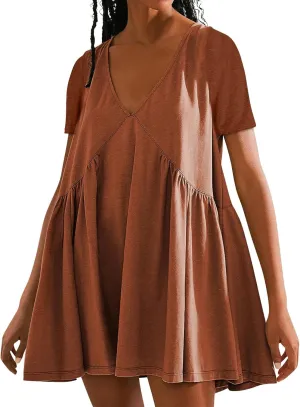 Womens Summer Dresses V-Neck Short Sleeve Oversized Mini Dress Casual Waist Elegant Pleated Beach Sundress 2025