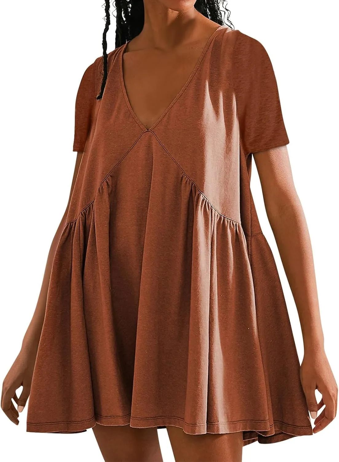 Womens Summer Dresses V-Neck Short Sleeve Oversized Mini Dress Casual Waist Elegant Pleated Beach Sundress 2025