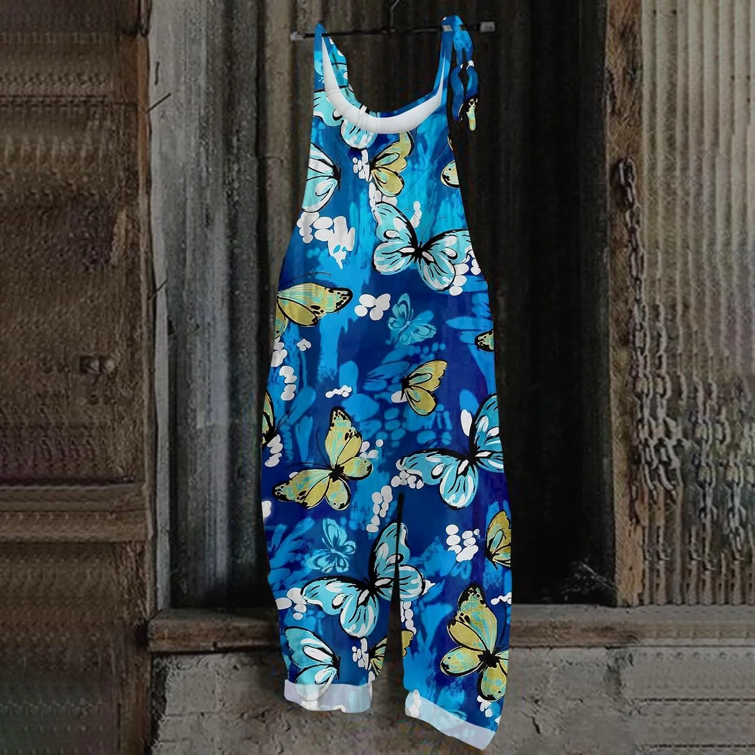 Womens Summer Floral Printed Jumpsuits Boho Linen Spaghetti Strap Baggy Romper Wide Leg outfits Active Pants