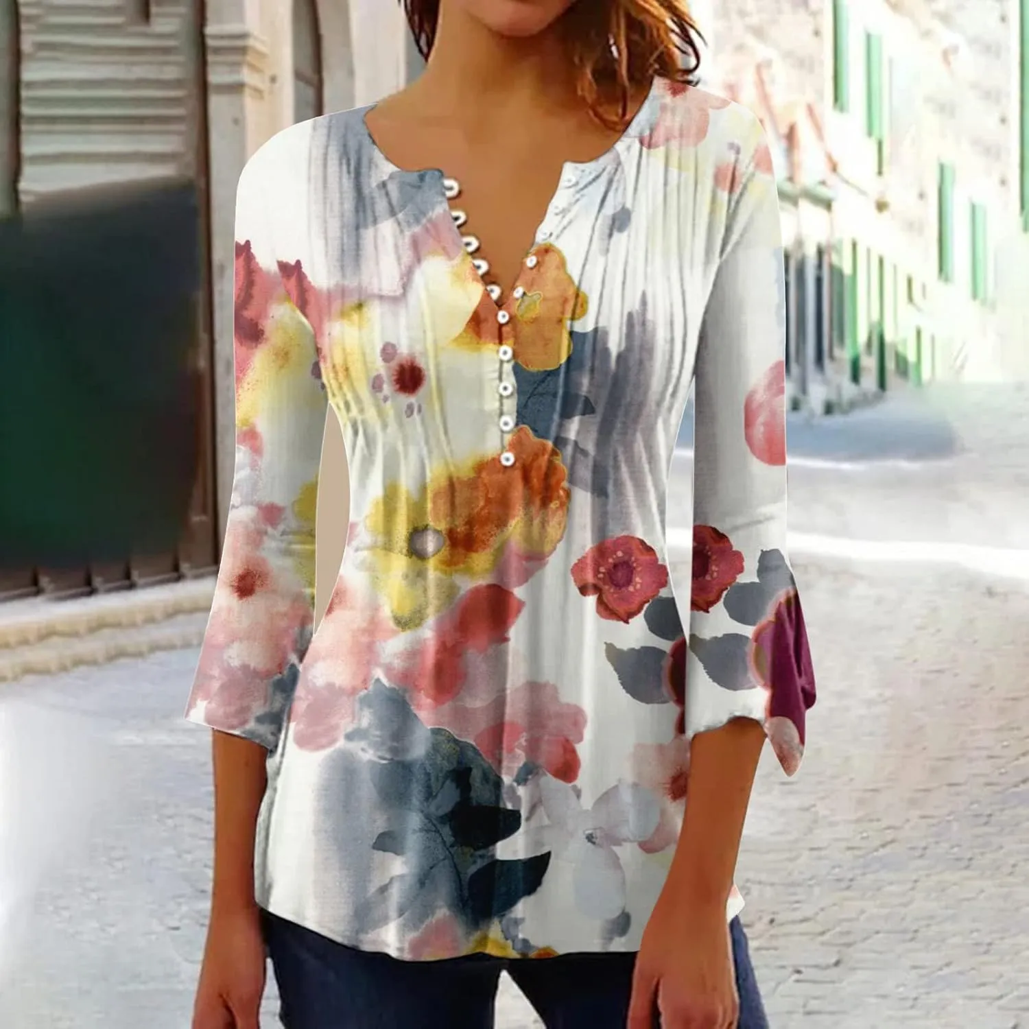 Womens Summer Shirts Boho Floral Print Tees 3/4 Sleeve Button Down V Neck Empire Waist Tunic Top Trendy Clothes 2024