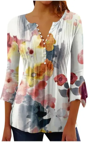 Womens Summer Shirts Boho Floral Print Tees 3/4 Sleeve Button Down V Neck Empire Waist Tunic Top Trendy Clothes 2024