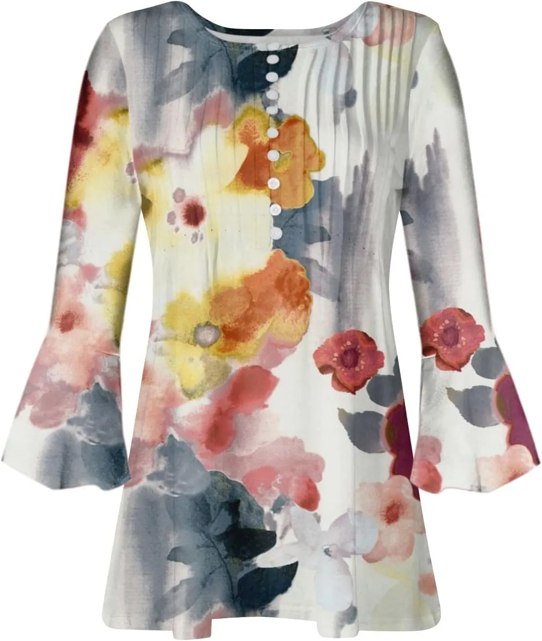 Womens Summer Shirts Boho Floral Print Tees 3/4 Sleeve Button Down V Neck Empire Waist Tunic Top Trendy Clothes 2024