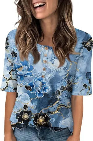 Womens Summer Tops Elbow Sleeve Tops Women Button Down T Shirts Scoop Neck Striped Floral Blouses Dressy Casual