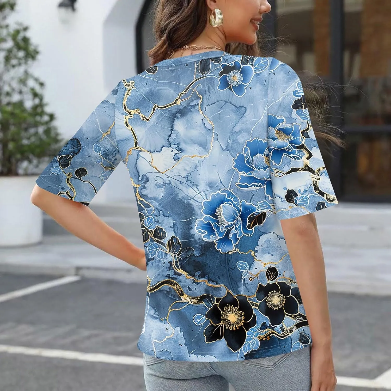Womens Summer Tops Elbow Sleeve Tops Women Button Down T Shirts Scoop Neck Striped Floral Blouses Dressy Casual