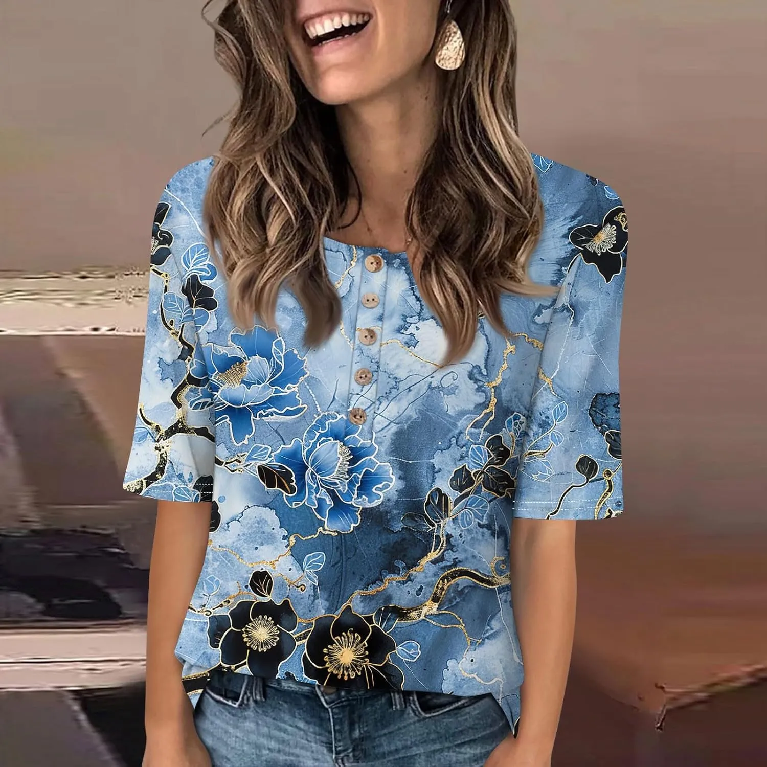Womens Summer Tops Elbow Sleeve Tops Women Button Down T Shirts Scoop Neck Striped Floral Blouses Dressy Casual