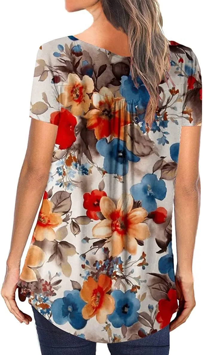 Womens Summer Tops Hide Belly Tunic Short Sleeve T Shirts Flowy Henley Tshirt Casual Dressy Blouses for Leggings
