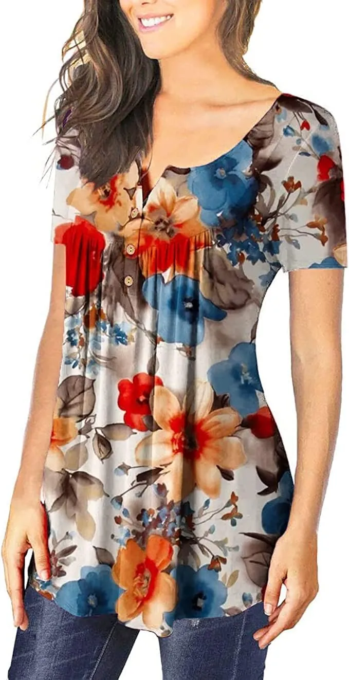 Womens Summer Tops Hide Belly Tunic Short Sleeve T Shirts Flowy Henley Tshirt Casual Dressy Blouses for Leggings