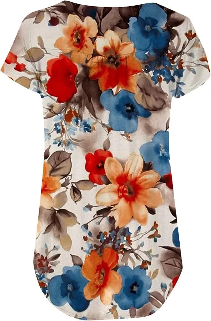 Womens Summer Tops Hide Belly Tunic Short Sleeve T Shirts Flowy Henley Tshirt Casual Dressy Blouses for Leggings