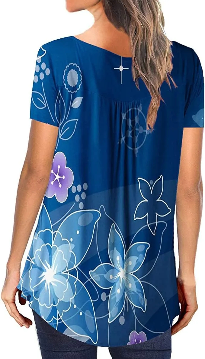 Womens Summer Tops Hide Belly Tunic Short Sleeve T Shirts Flowy Henley Tshirt Casual Dressy Blouses for Leggings