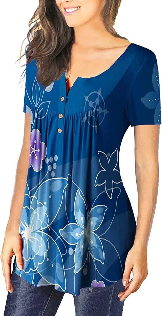Womens Summer Tops Hide Belly Tunic Short Sleeve T Shirts Flowy Henley Tshirt Casual Dressy Blouses for Leggings