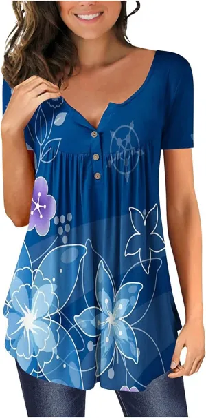 Womens Summer Tops Hide Belly Tunic Short Sleeve T Shirts Flowy Henley Tshirt Casual Dressy Blouses for Leggings