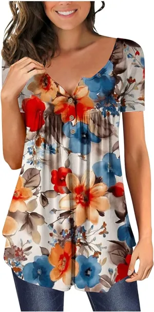 Womens Summer Tops Hide Belly Tunic Short Sleeve T Shirts Flowy Henley Tshirt Casual Dressy Blouses for Leggings