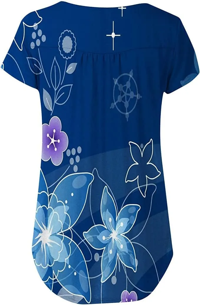 Womens Summer Tops Hide Belly Tunic Short Sleeve T Shirts Flowy Henley Tshirt Casual Dressy Blouses for Leggings