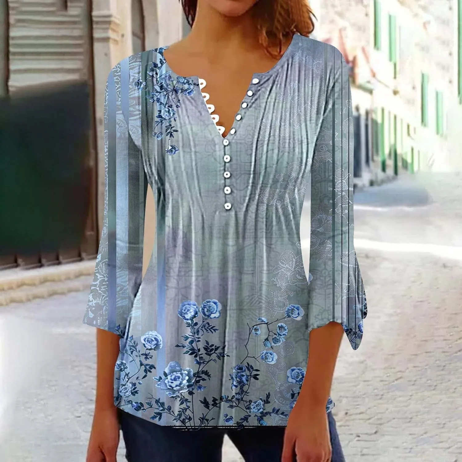 Women's Summer Tops Vintage Print Button Down 3/4 Sleeve Shirts Causal Empire Waist Boho Floral Print Tunic Shirts