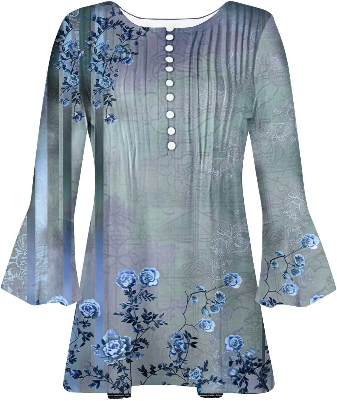 Women's Summer Tops Vintage Print Button Down 3/4 Sleeve Shirts Causal Empire Waist Boho Floral Print Tunic Shirts