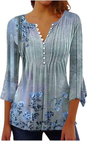 Women's Summer Tops Vintage Print Button Down 3/4 Sleeve Shirts Causal Empire Waist Boho Floral Print Tunic Shirts