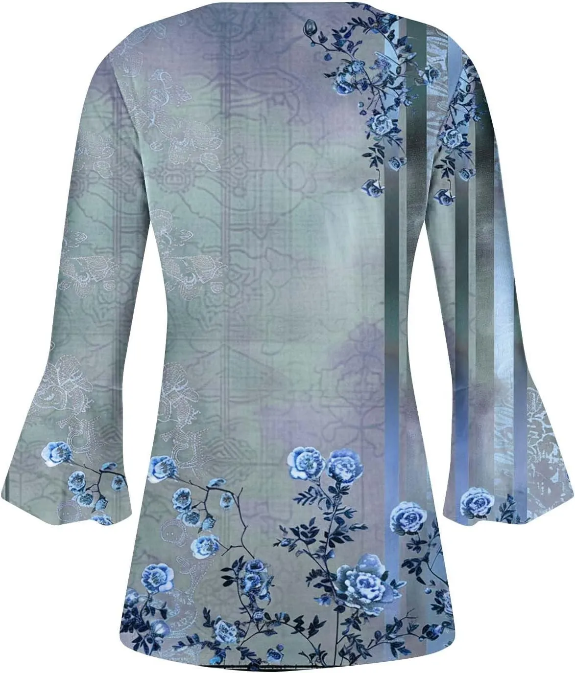 Women's Summer Tops Vintage Print Button Down 3/4 Sleeve Shirts Causal Empire Waist Boho Floral Print Tunic Shirts