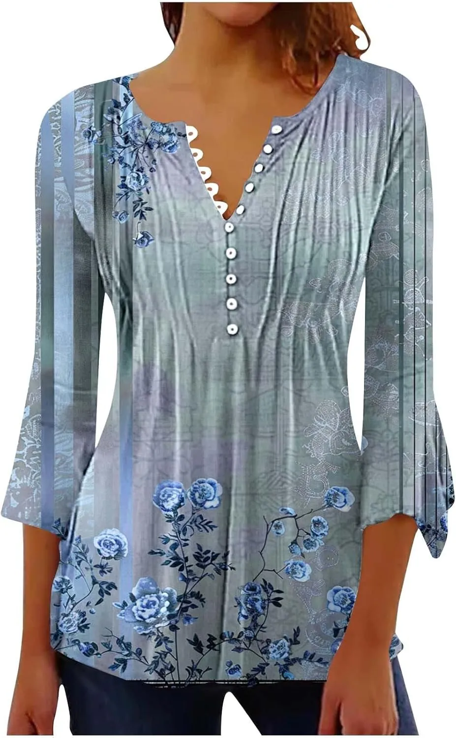 Women's Summer Tops Vintage Print Button Down 3/4 Sleeve Shirts Causal Empire Waist Boho Floral Print Tunic Shirts